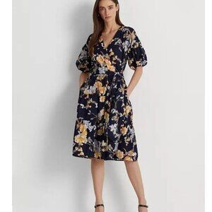Floral Wrap Midi Dress in Navy and Yellow